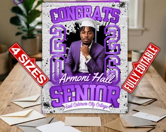 Purple/White Jumbo Graduation Card, Graffiti Themed Senior Gift (4 Sizes) | Editable Canva Template, Instant Download