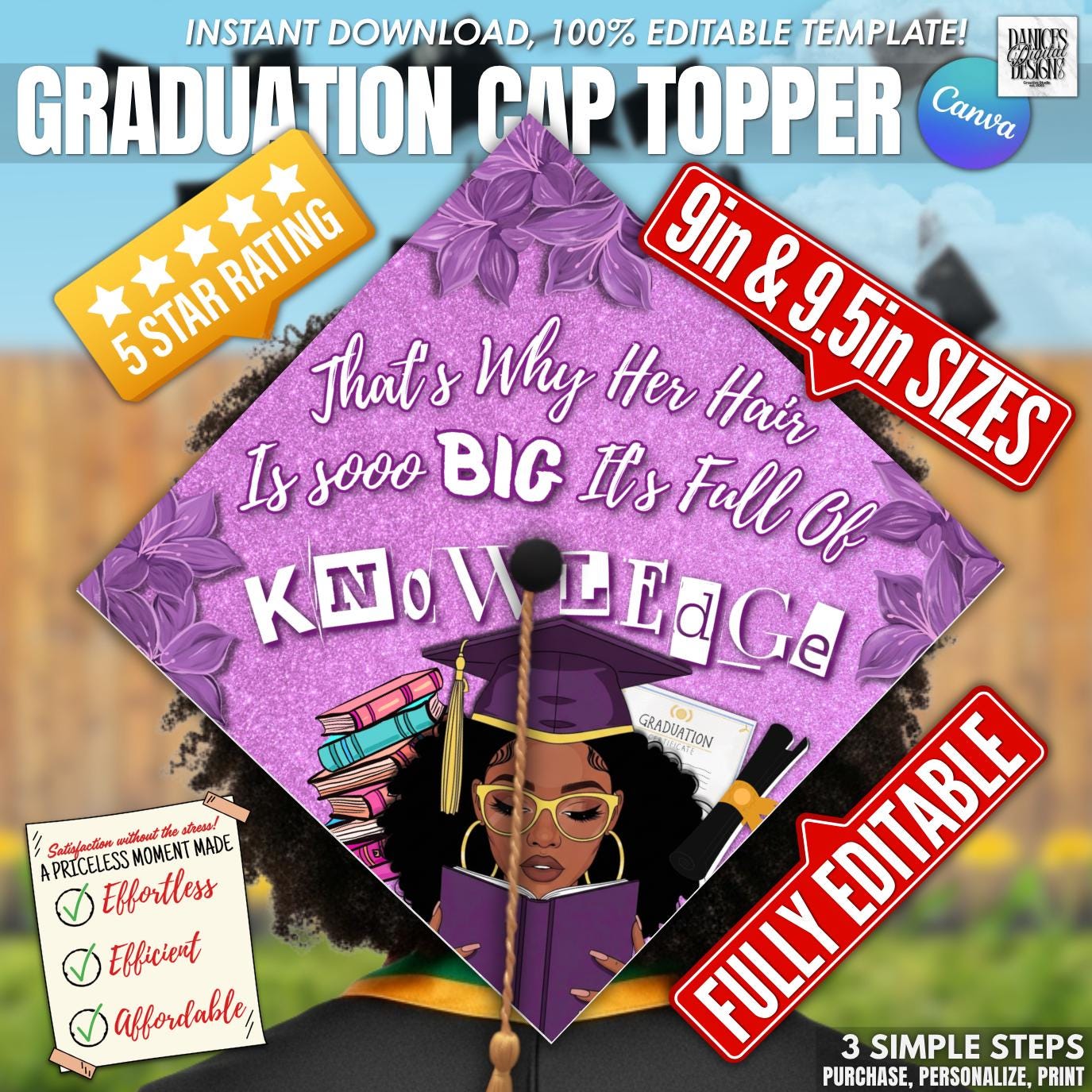 Knowledge Topper Her Hair is Knowledge, 2026 Graduation Cap Topper Template | Editable ...