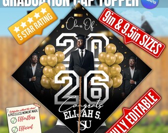 Class of 2026, Black Personalized Graduation Cap Topper | Editable Canva Template, Instant Download