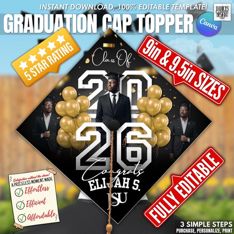 Class of 2026, Black Personalized Graduation Cap Topper | Editable ...