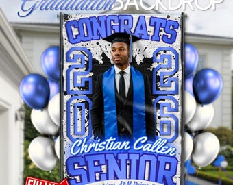 Blue and White Graduation Party Backdrop (5x8ft), Graffiti Themed | Editable Canva Template, Instant Download