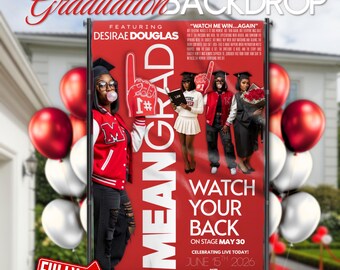 Red Graduation Party Backdrop  (8 x 5ft), Mean Grad Movie Poster Themed | Editable Canva Template, Instant Download