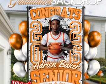 Orange and White Graduation Party Backdrop (5x8ft), Paint Splatter Themed | Editable Canva Template, Instant Download