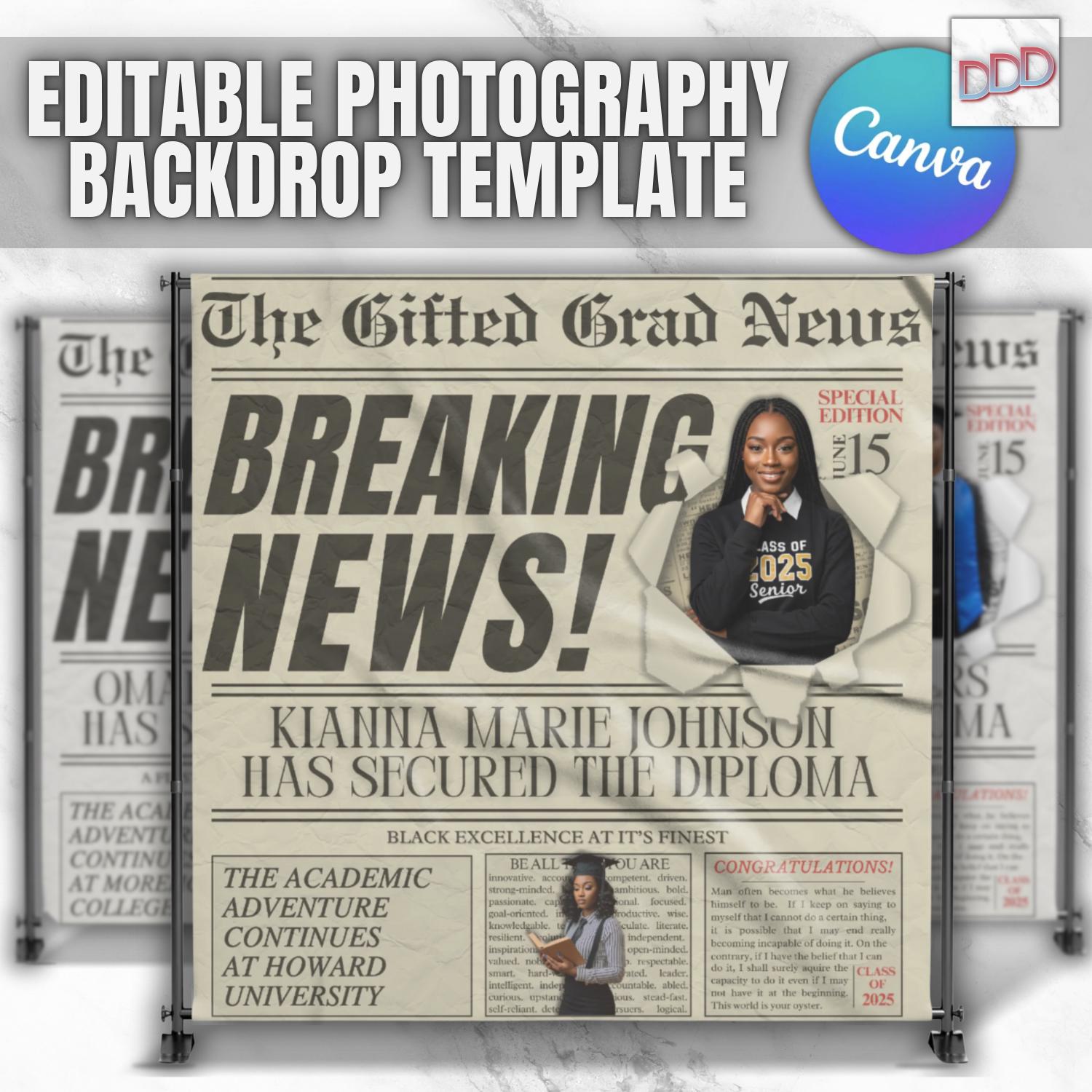 Class of 2026 Grad Party Decor, Newspaper Themed Photo Booth Backdrop (DIY Editable Non-Pro Canva Template, Instant Digital Download)
