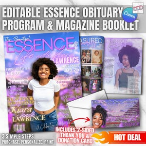 Puede incluir: Folleto de programa y revista de obituario Essence editable con un esquema de color morado y rosa. La portada presenta una foto de una mujer con el texto "The Beautiful Essence of Life with Kiara Lawrence". El folleto incluye una tarjeta de agradecimiento y donación.