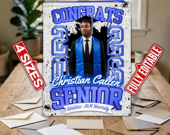 Blue/White Jumbo Graduation Card, Graffiti Themed Senior Gift (4 Sizes) | Editable Canva Template, Instant Download