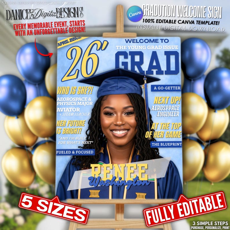 Graduation Party Welcome Sign (5 Sizes) - Blue & Yellow Grad Magazine ...