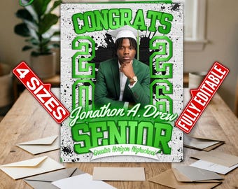 Green/White Jumbo Graduation Card, Graffiti Themed Senior Gift (4 Sizes) | Editable Canva Template, Instant Download