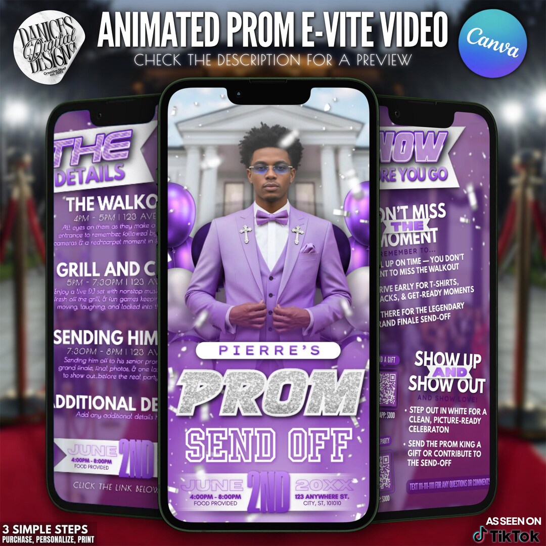 Prom Send off Invitation - White and Purple Animated Prom King Sendoff ...