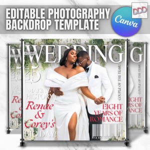 Wedding Bridal Party Decor, Magazine Cover Photo Booth Backdrop | DIY Editable Non-Pro Canva Template, Instant Download, PDF Guide Included