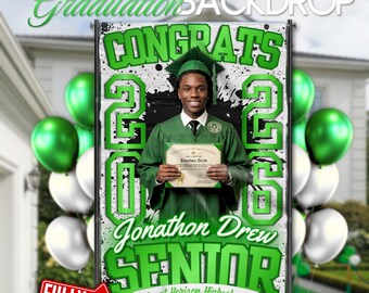 Green and White Graduation Party Backdrop (5x8ft), Paint Splatter Themed | Editable Canva Template, Instant Download