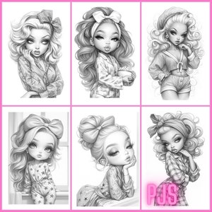 May include: A digital colouring page featuring six illustrations of girls in pyjamas. Each girl has a different hairstyle and expression. The illustrations are in black and white.