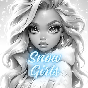 24 grayscale coloring PDF, images of beautiful snow girls