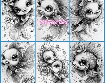 22. Grayscale coloring PDF, images of super cute fishes in the deep blue.