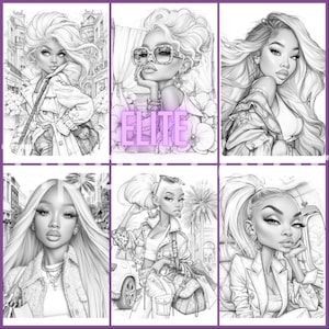 May include: A collection of six black and white line art illustrations featuring stylized portraits of individuals with long hair, wearing various outfits including jackets and accessories, with the word ELITE printed in purple over the center image.