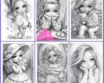 May include: A collage of six black and white illustrations of girls with different hairstyles and outfits. The girls are all drawn in a cute and whimsical style. The text "40 Variety Sweetness" is visible in the center of the collage.