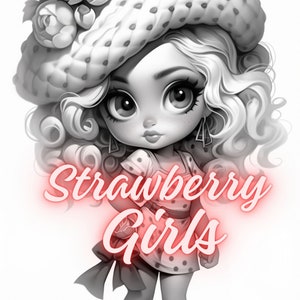 38 coloriages en niveaux de gris, PDF, images de filles aux fraises