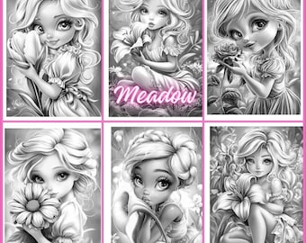 May include: Six black and white illustrations of young girls with flowers. The girls have large eyes and are surrounded by floral elements. The word "Meadow" is written in pink script on one of the images.