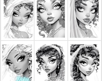 24 grayscale coloring PDF, images of beautiful inky brides