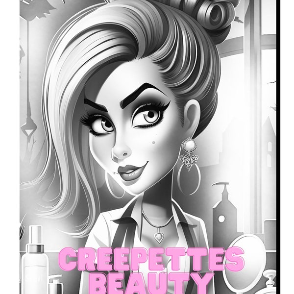 28 grayscale, high quality, coloring pages of these zombie-ish girls in a beauty shop, bring them to Life and have  fun while doing it!