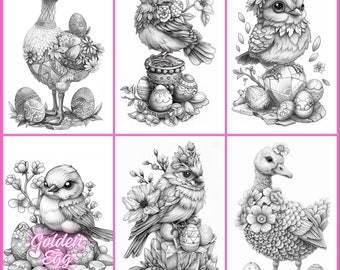 22. Grayscale coloring PDF, images of super cute golden eggs.