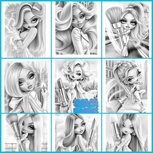 May include: A grid of nine black and white illustrations of stylized female figures. Each figure is depicted with exaggerated features, holding items like makeup brushes, lipstick, and a pen. The overall theme suggests beauty and fashion.