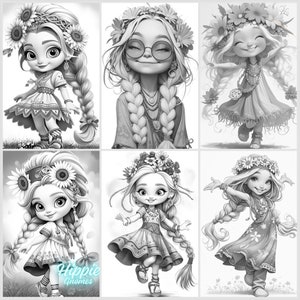 25. Grayscale coloring PDF images of super cute hippie, gnome girls.