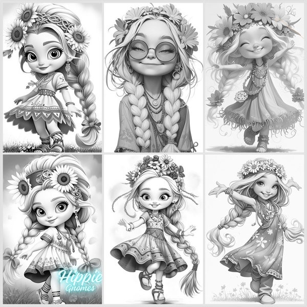 25. Grayscale coloring PDF images of super cute hippie, gnome girls.