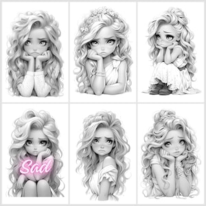 26. Grayscale coloring PDF images of super cute, sad girls.
