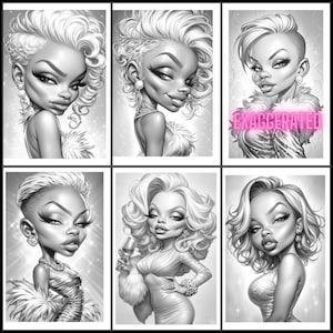 May include: Six black and white illustrations of women with exaggerated features. Each woman is depicted in a glamorous pose, wearing a stylish outfit and accessories. The word "EXAGGERATED" is written in pink letters on the top right image.