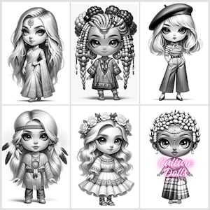 23. Grayscale coloring PDF images of super cute culture dolls