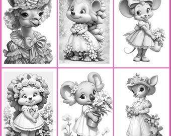 May include: Six grayscale illustrations of cute animals, including a llama, hedgehog, mouse, bear, koala, and deer. Each animal is decorated with floral details and dressed in charming outfits. The illustrations are set against a white background.
