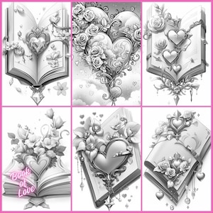 21. Grayscale coloring, PDF, images of beautiful books of love.