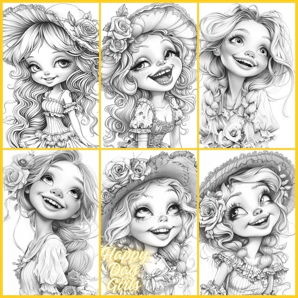 25. Grayscale coloring PDF images of super cute happy day girls.