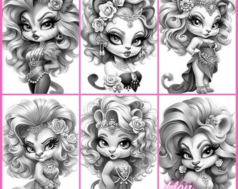 22. Grayscale coloring PDF images of super cute lion dolls.