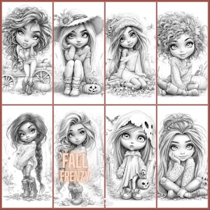 Puede incluir: Una colección de ocho ilustraciones en escala de grises de chicas estilizadas en varios escenarios otoñales. Las imágenes incluyen calabazas, sombreros y el texto "FALL FRENZY". Cada chica tiene ojos grandes y está en una pose diferente.