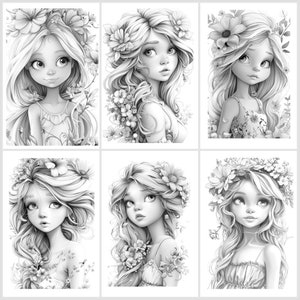 May include: Six black and white illustrations of girls with long hair wearing flower crowns. Each girl has a different hairstyle and flower crown.