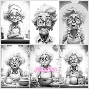 Può includere: Un'illustrazione in bianco e nero di una donna con diverse espressioni facciali. La donna indossa gli occhiali e ha i capelli grigi. Il testo "Grandma" è scritto in lettere rosa nella parte inferiore dell'immagine.