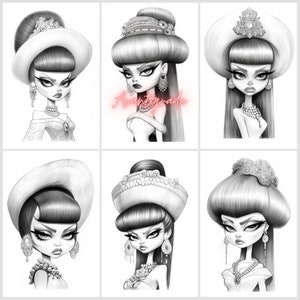 24 grayscale coloring PDF, images of beautiful SKETCH avant-garde ladies