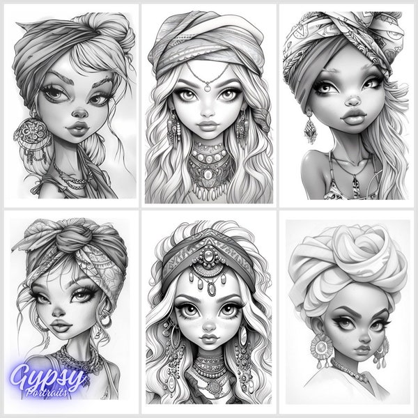 24. Grayscale coloring PDF images of super cute gypsy portraits.
