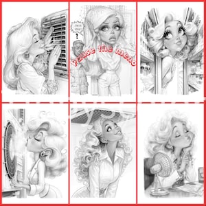 May include: A collection of six black and white illustrations featuring a woman with voluminous hair in various settings. One panel includes the text 'I'M ON FIRE!' and 'Pause the meno' in red. The scenes depict interactions with cooling appliances.