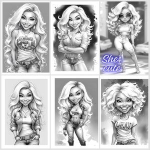 May include: A digital illustration of six different women with long, curly hair. Each woman is wearing a different outfit, including a tank top, a denim jacket, and a t-shirt. The women are all smiling and looking at the camera.