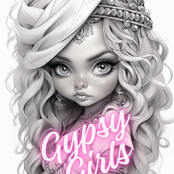 36. High-quality PDF coloring images of super cute gypsy girls.