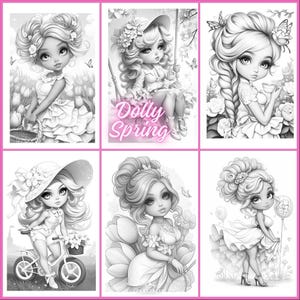 May include: Six grayscale illustrations of doll-like figures in spring settings. One figure holds flowers, another swings, and a third rides a bicycle. The text "Dolly Spring" is visible on one image.