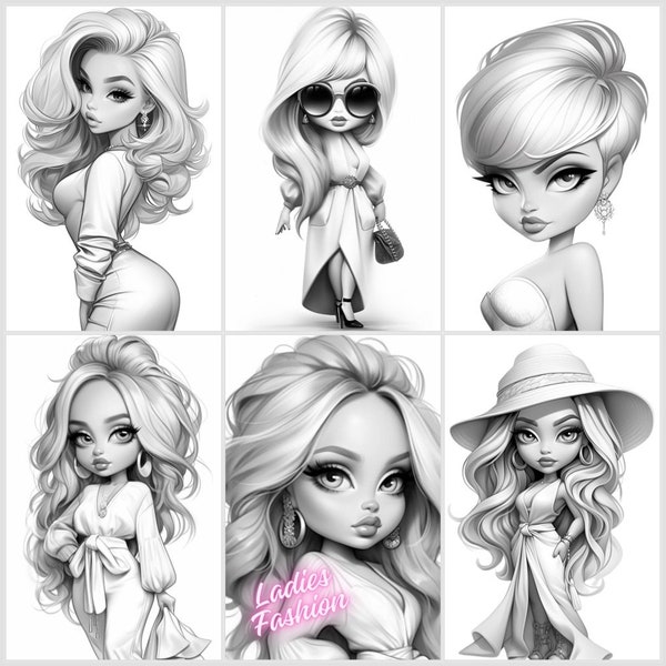 26. Grayscale coloring PDF images of super cute fashion, ladies