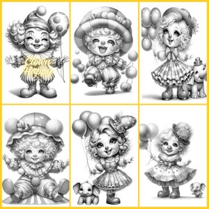 24 grayscale coloring PDF images of super cute clown happy