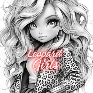 May include: Black and white illustration of a girl with long, wavy hair wearing a leopard print jacket. The text "Leopard Girls" is written in pink on the jacket.