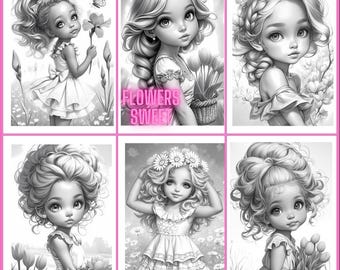 May include: Six black and white illustrations of girls with flowers and baskets. The girls have long, curly hair and are wearing dresses. The text "FLOWERS SWEET" is in pink letters on the top middle image.