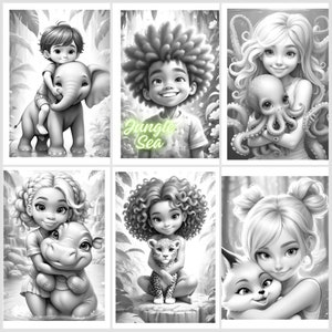 24. Grayscale coloring PDF images of super cute kids, enjoying the jungle and sea creatures