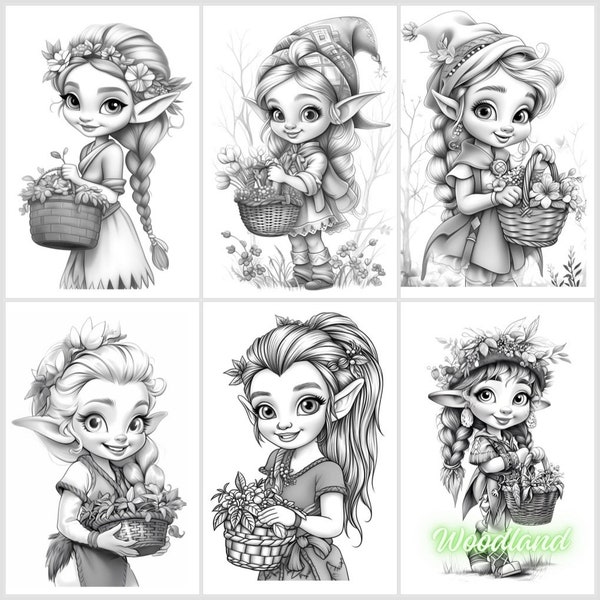 25. Grayscale coloring PDF images of super cute woodland elves.